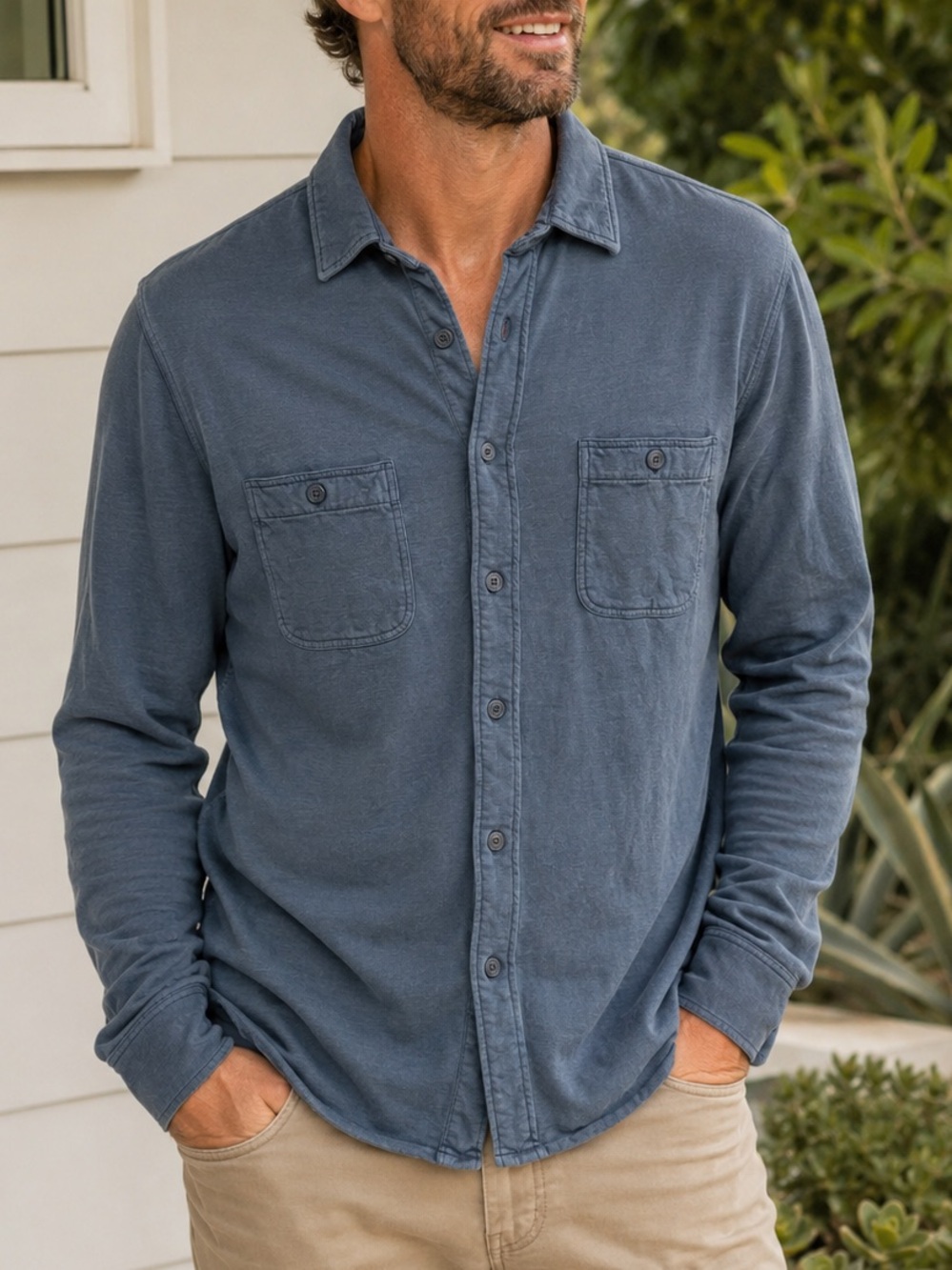Faherty Legend Knit Shirt Large Blue Long Sleeve Button Front Pocket Shirt